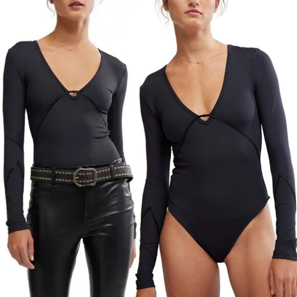 Free People Intimately Victoria Plunge V Neck Bodysuit S Long Sleeves Stretchy - Picture 1 of 15